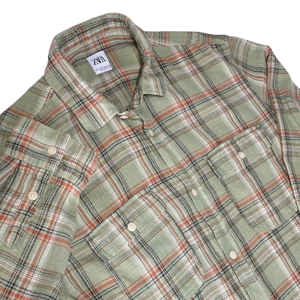 ZARA Mens XL Sage Green Rust Orange Plaid Flannel Button Up Shirt Turkey Made